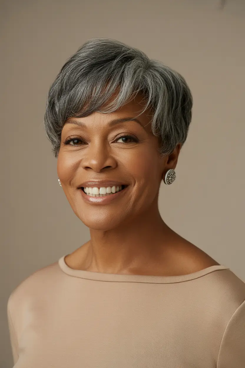 Youthful haircuts for women over 60 2026 Soft Pixie Bob with Gentle Silver Sweep