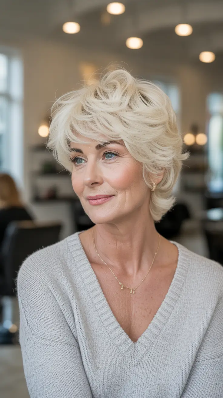 Youthful haircuts for women over 60 2026 Feathered Platinum Shag with Light Airy Texture