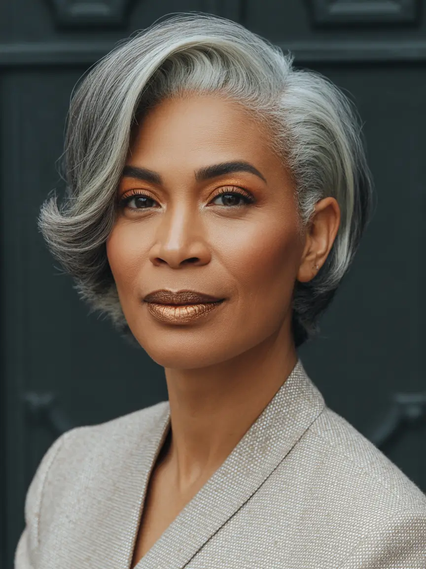 Youthful haircuts for women over 60 2026 Luxe Side-Swept Silver with Structured Volume