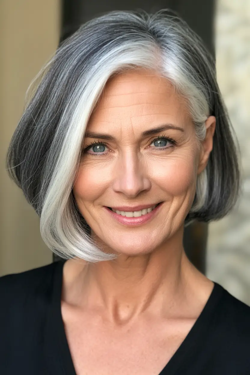 Youthful haircuts for women over 60 2026 Timeless Tapered Bob with Natural Gray Dimension