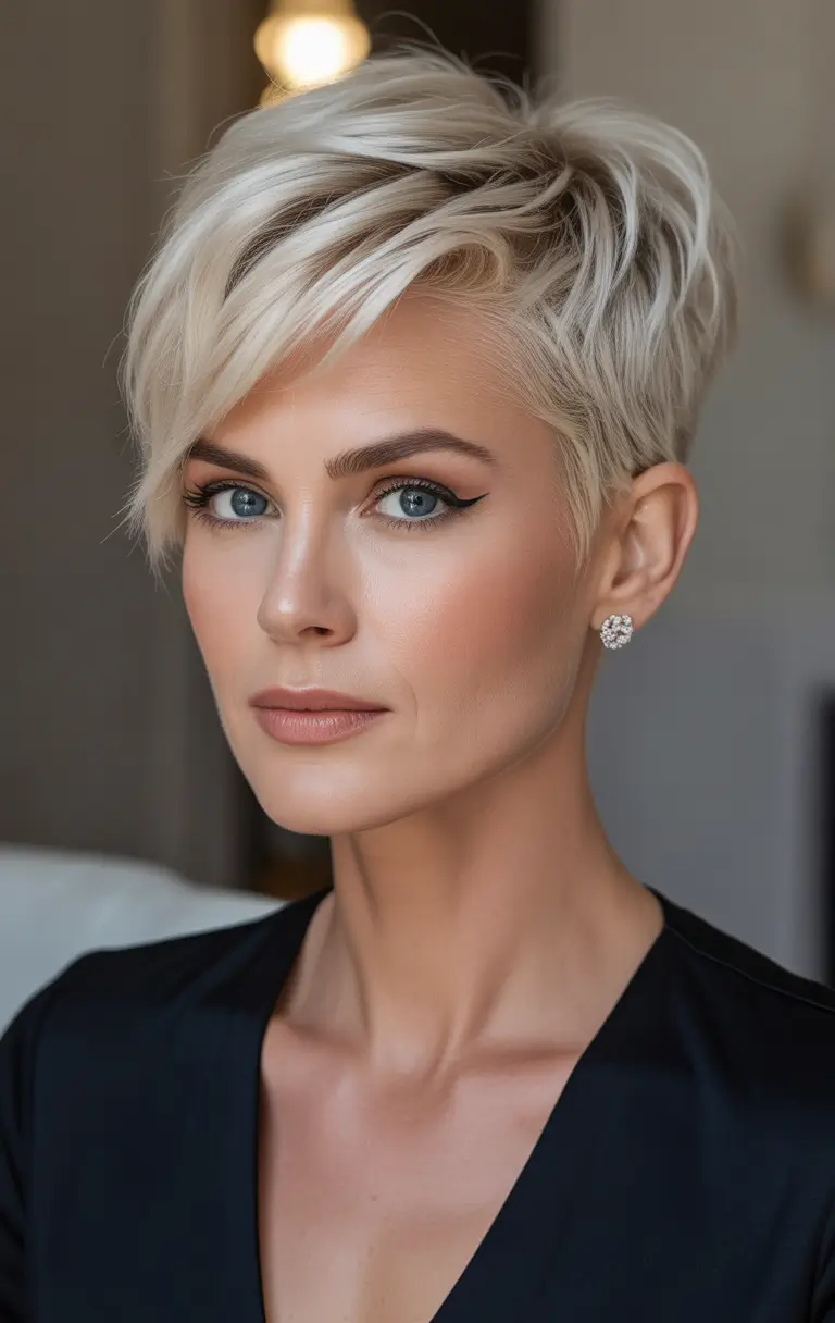 Youthful hairstyles for women over 40 2026 Modern Platinum Pixie