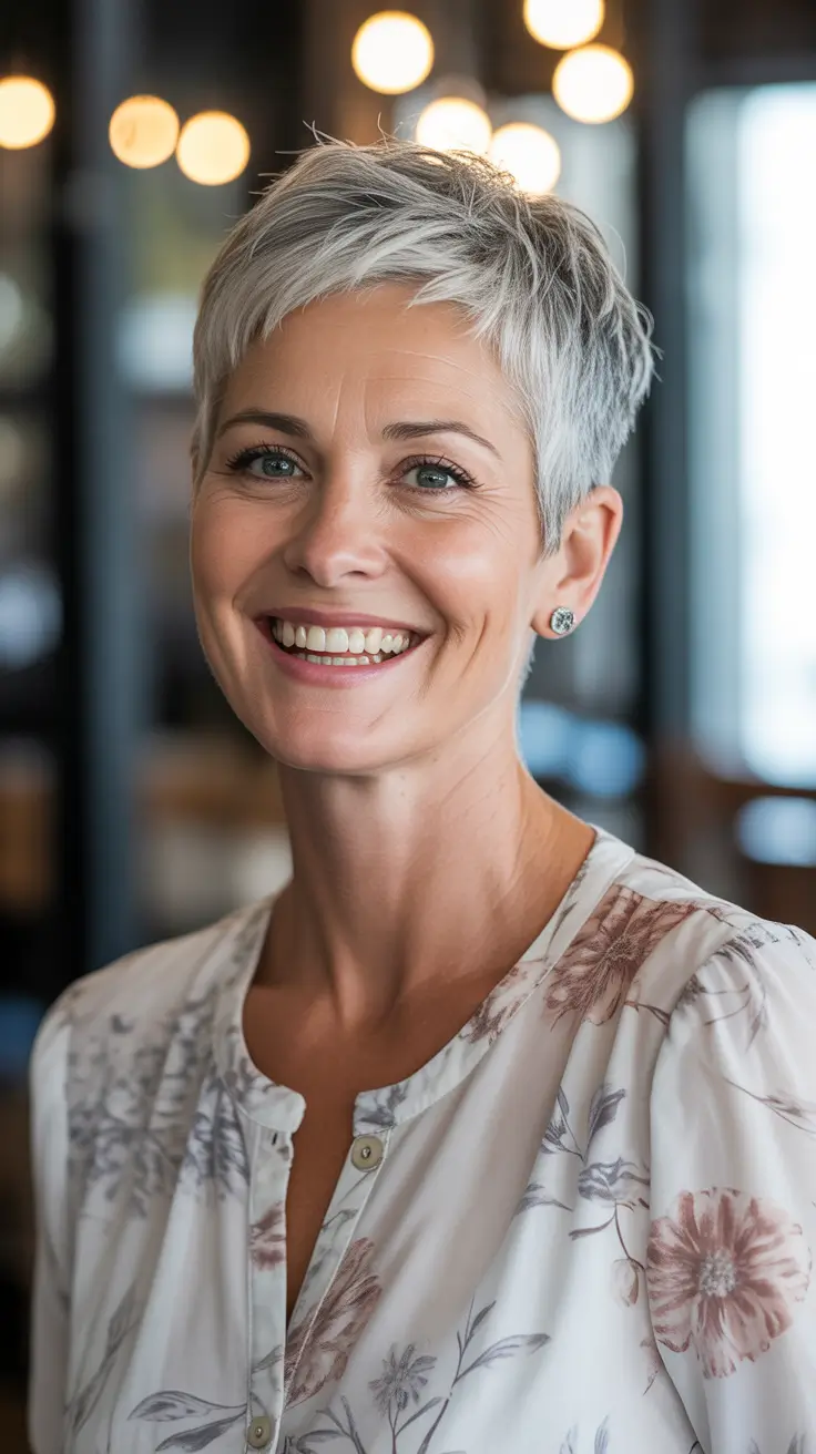 Youthful hairstyles for women over 40 2026 Fresh Silver Pixie