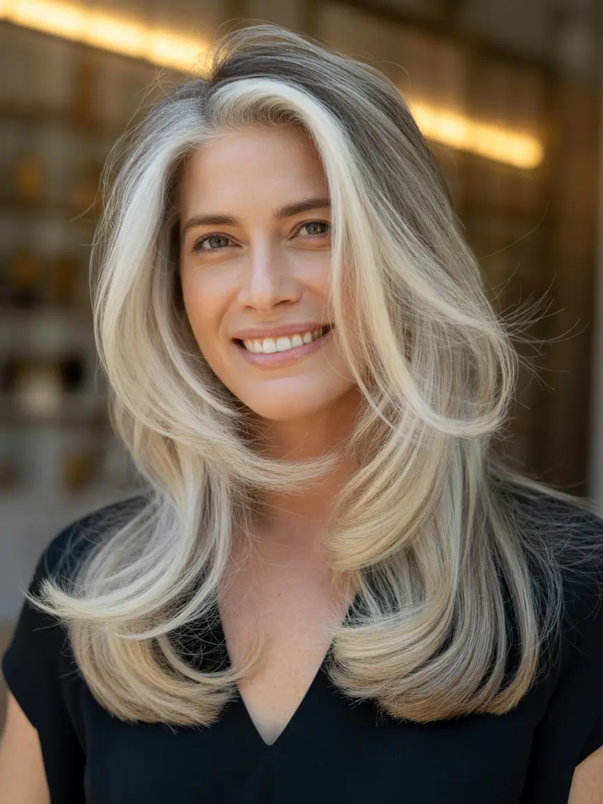 Youthful hairstyles for women over 40 2026 Silver Highlighted Long Layers