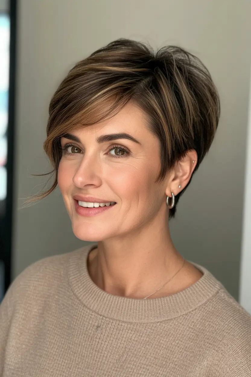 Youthful hairstyles for women over 40 2026 Brunette Pixie