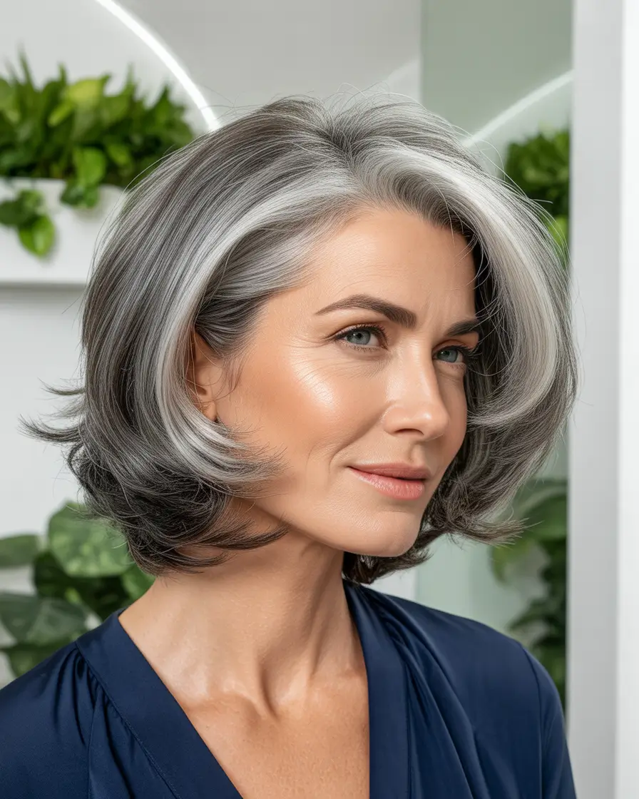 Youthful hairstyles for women over 40 2026 Silver Dimensional Bob