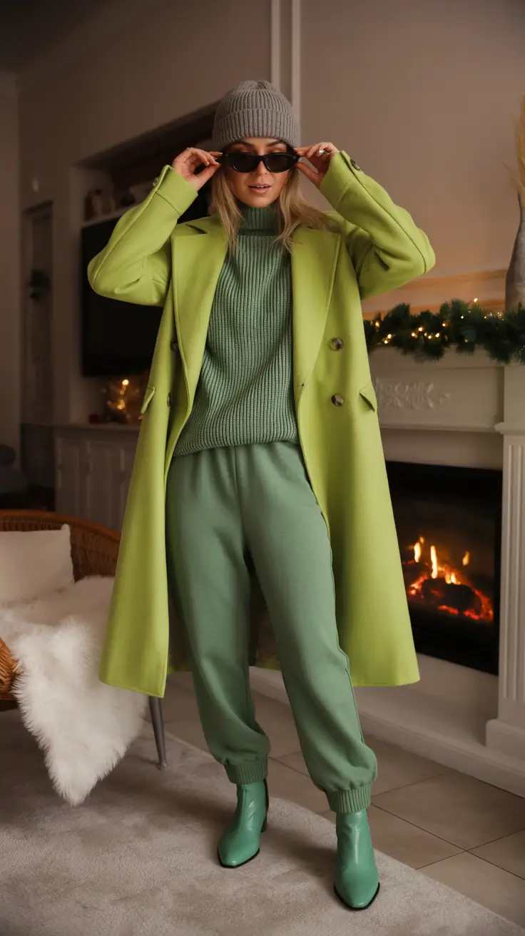 best warm spring outfits 2026 Monochrome Greens With a Cozy Twist