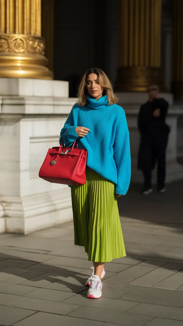 best warm spring outfits 2026 Vivid Blue Pleated Look