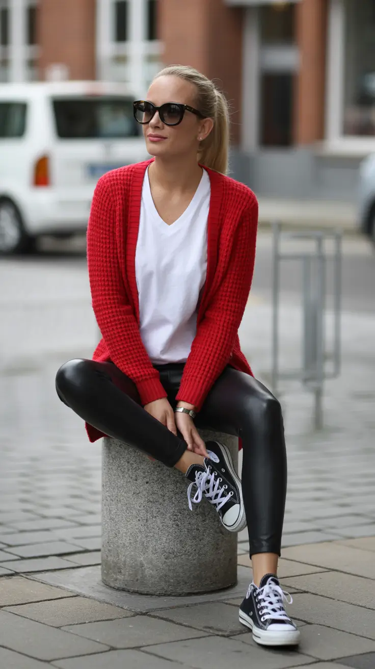 Classy sneakers spring outfit 2026 Red Knit