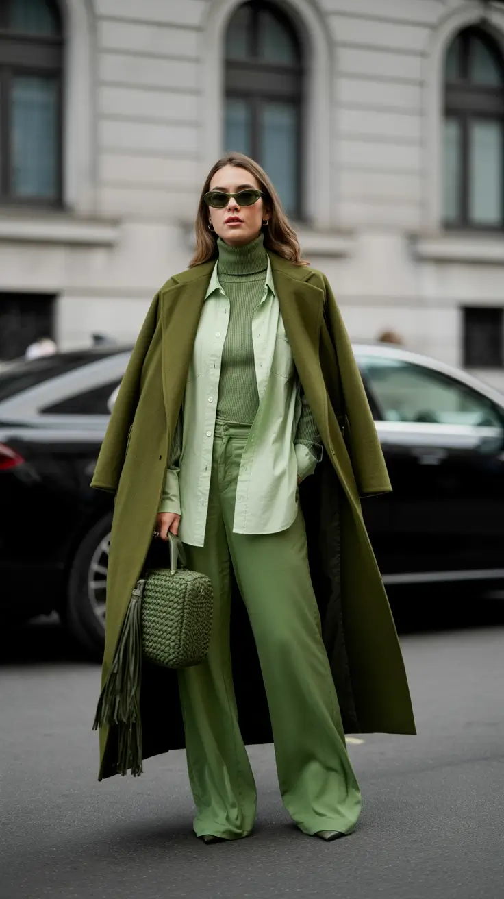 Classy spring fashion outfits 2026 Green Monochrome with Urban Confidence