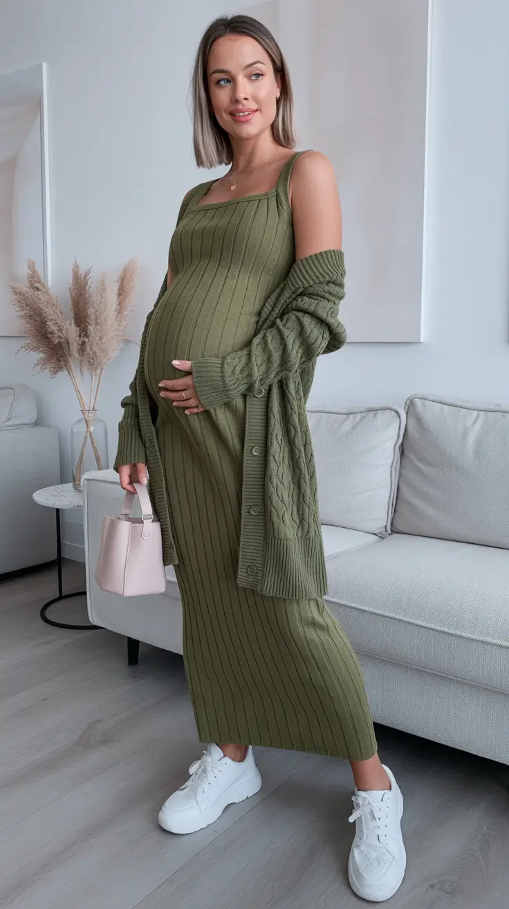classy spring outfit for pregnant women 2026 Monochrome Green With Soft Structure