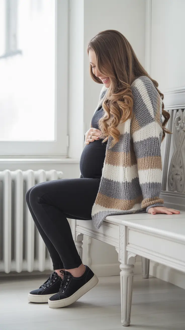 classy spring outfit for pregnant women 2026 Soft Knit Layers With Home Grown Ease