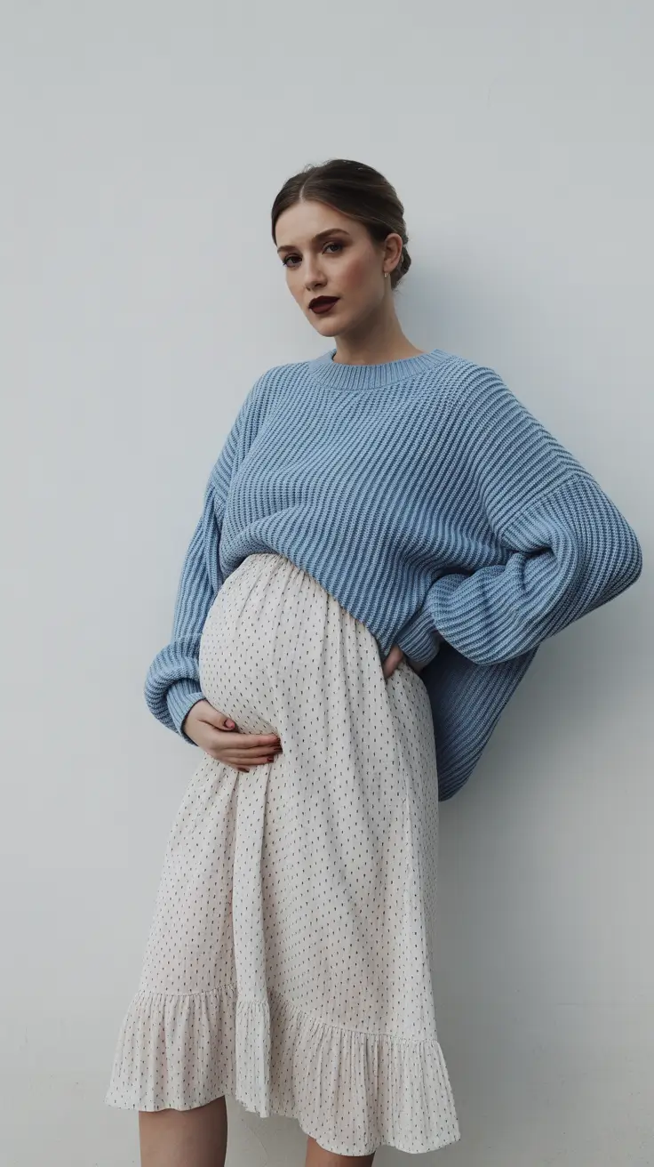 classy spring outfit for pregnant women 2026 Soft Blue Layers With Romantic Ease