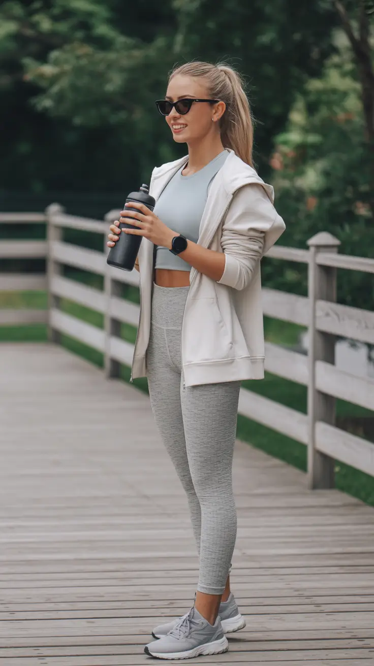 classy spring workout outfits 2026 Soft Grey Layers for Quiet Outdoor Movement