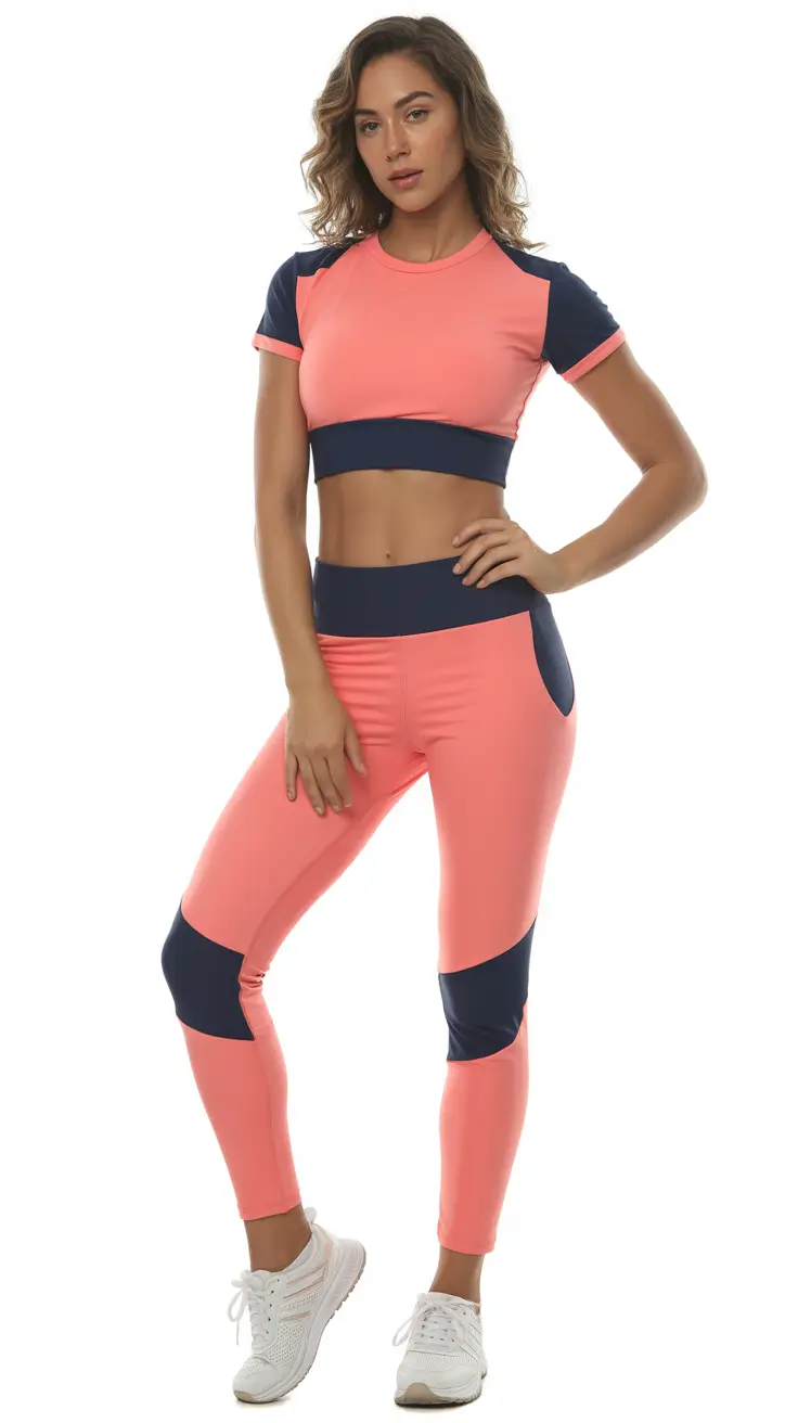 classy spring workout outfits 2026 Coral and Navy Color Blocking With Athletic Polish