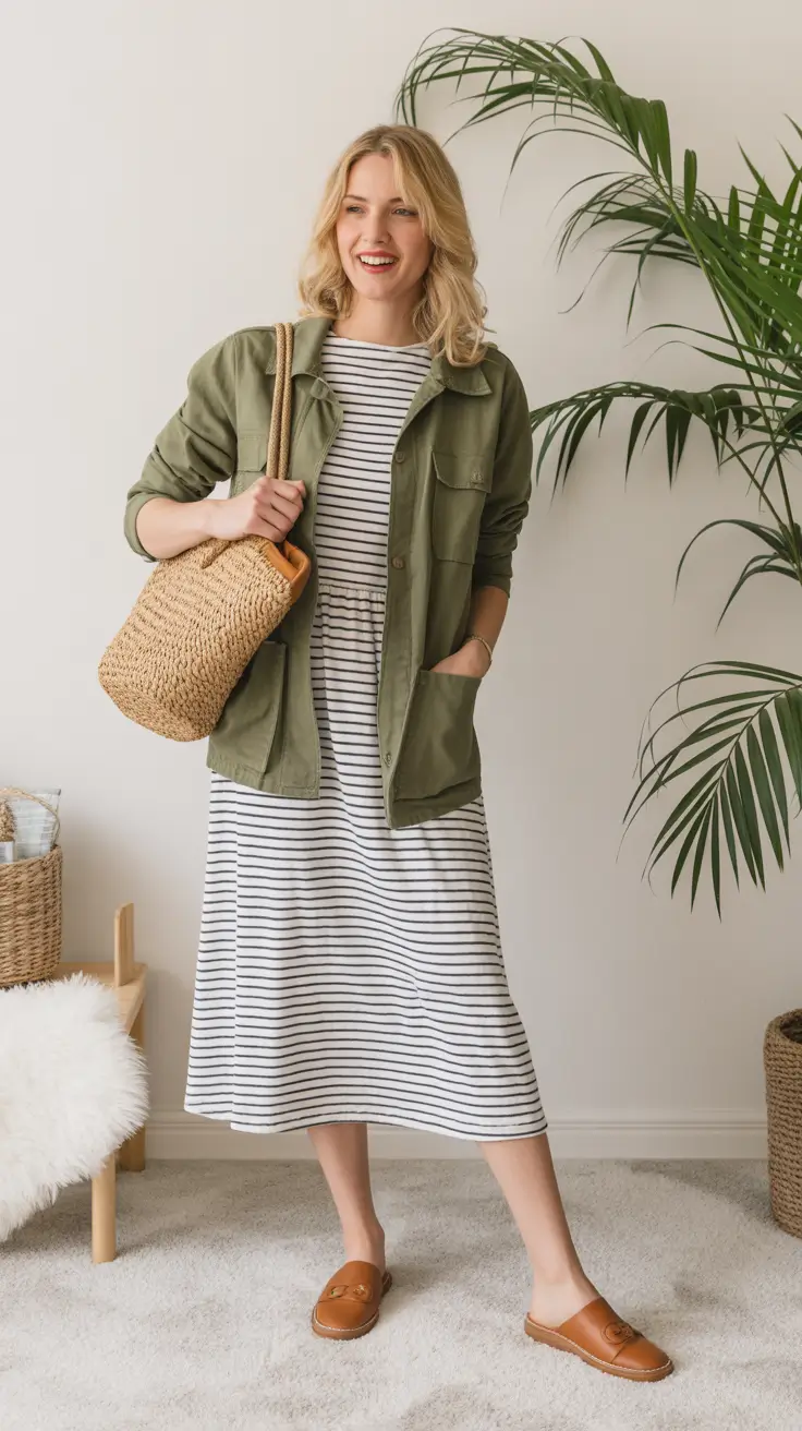 comfy spring mom outfits 2026 striped dress