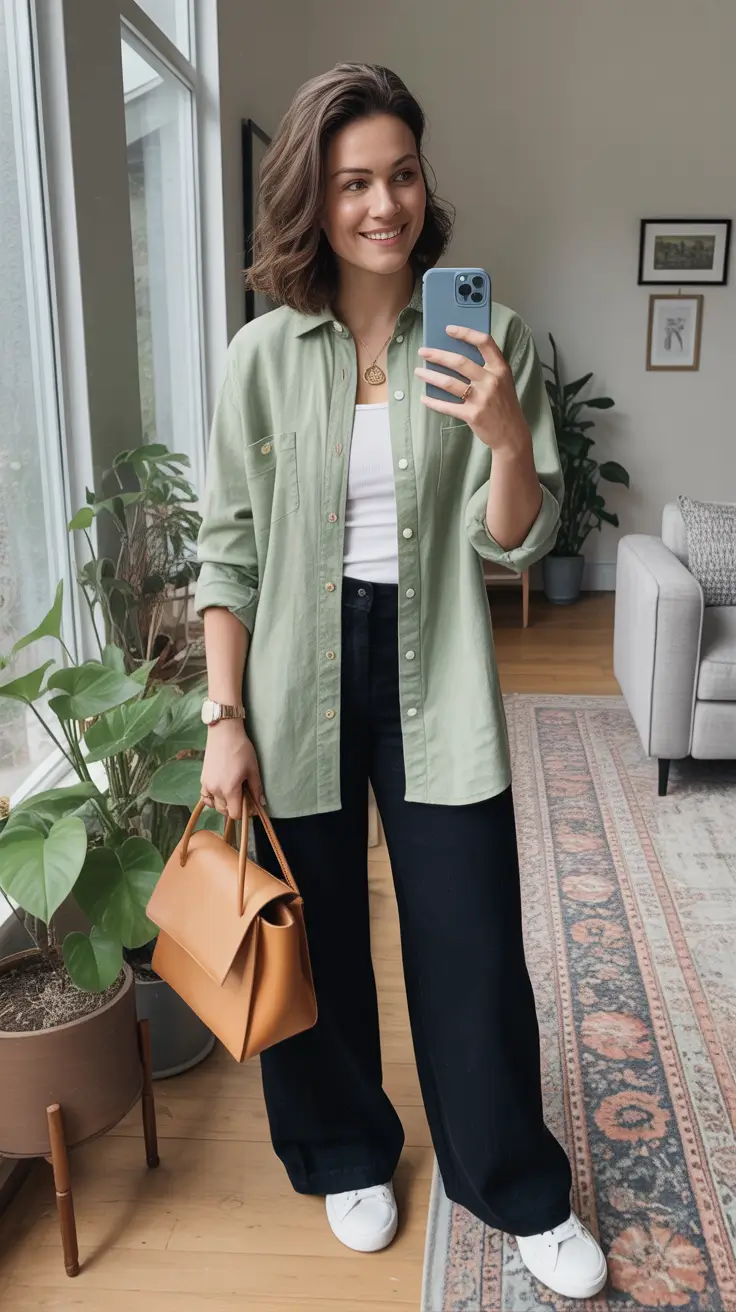 comfy spring mom outfits 2026 green casual layers