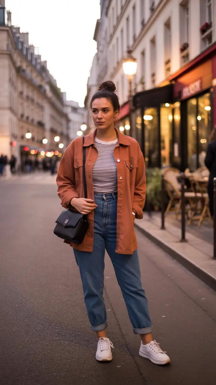 comfy spring mom outfits 2026 striped jeans jacket