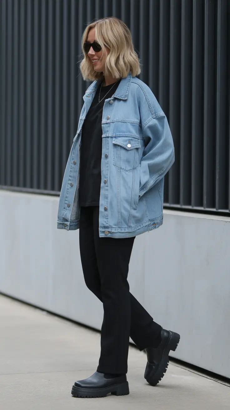 comfy spring mom outfits 2026 black denim jacket