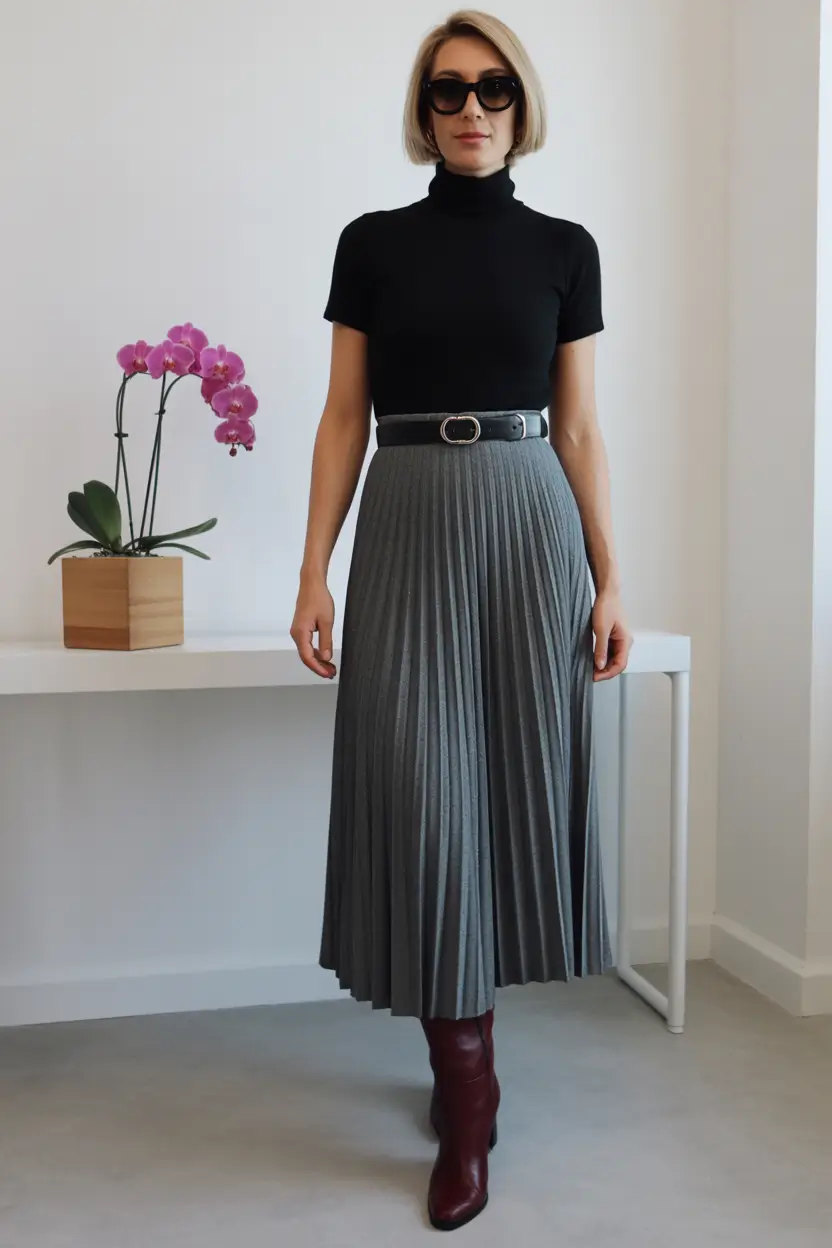 essential spring skirt outfits 2026 Minimal Black Top with a Fluid Pleated Skirt