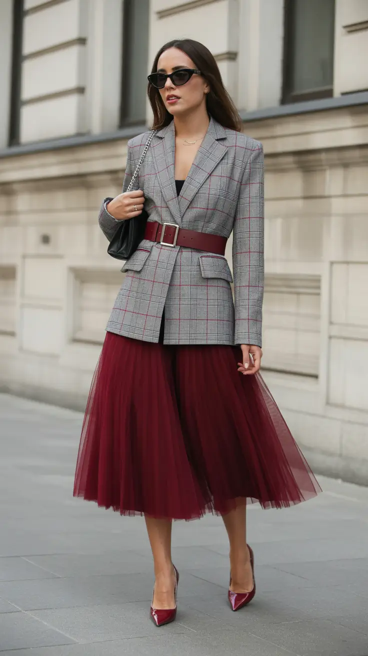 spring skirt outfits formal Burgundy Tulle with Sharp Tailoring