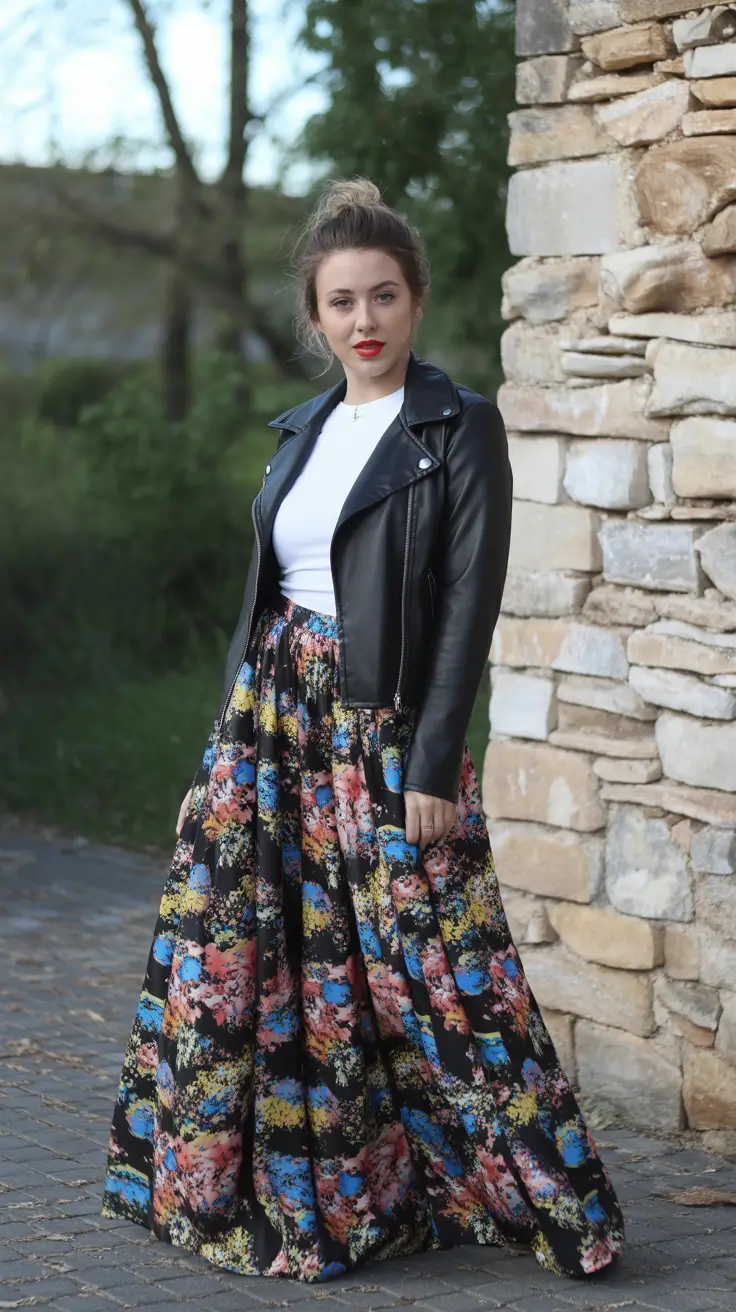 spring skirt outfits aesthetic Floral Maxi Skirt with a Leather Edge