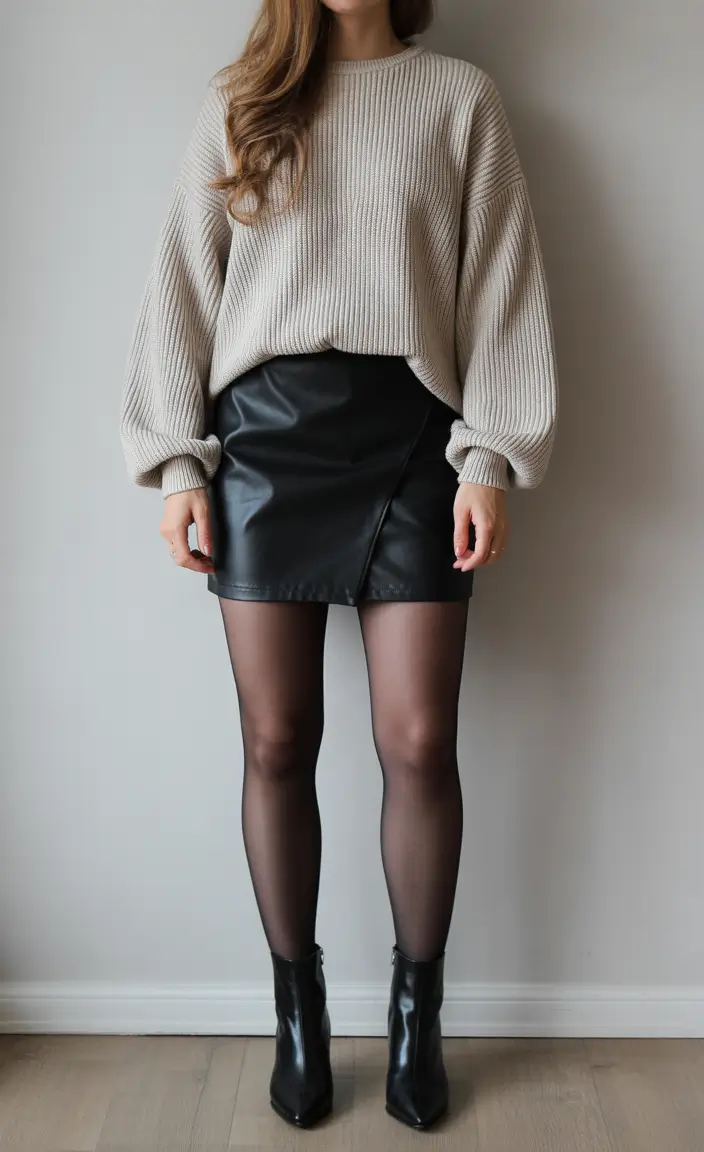 spring skirt outfits casual Minimal Leather Mini with Soft Knit Balance