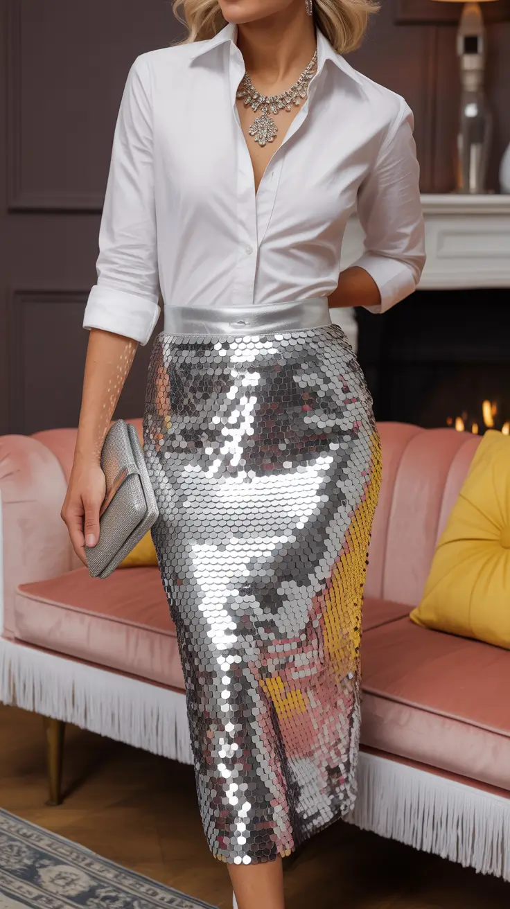 spring skirt outfits formal Sequins Balanced with a Crisp White Shirt