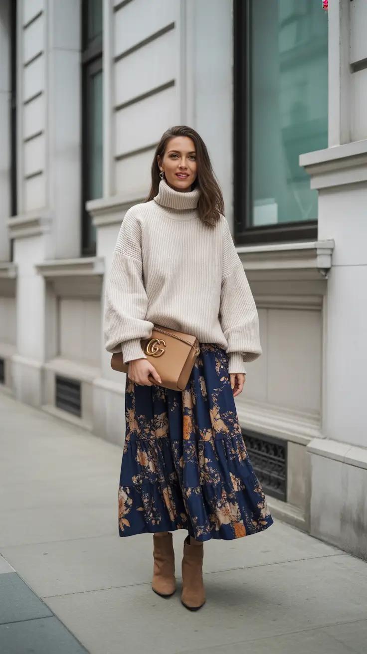 spring skirt outfits aesthetic Cozy Knit with a Flowing Printed Skirt