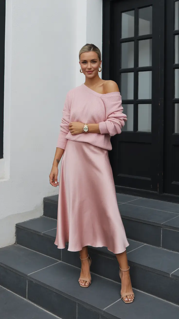 essential spring skirt outfits 2026 Soft Pink Satin Meets Cozy Knit