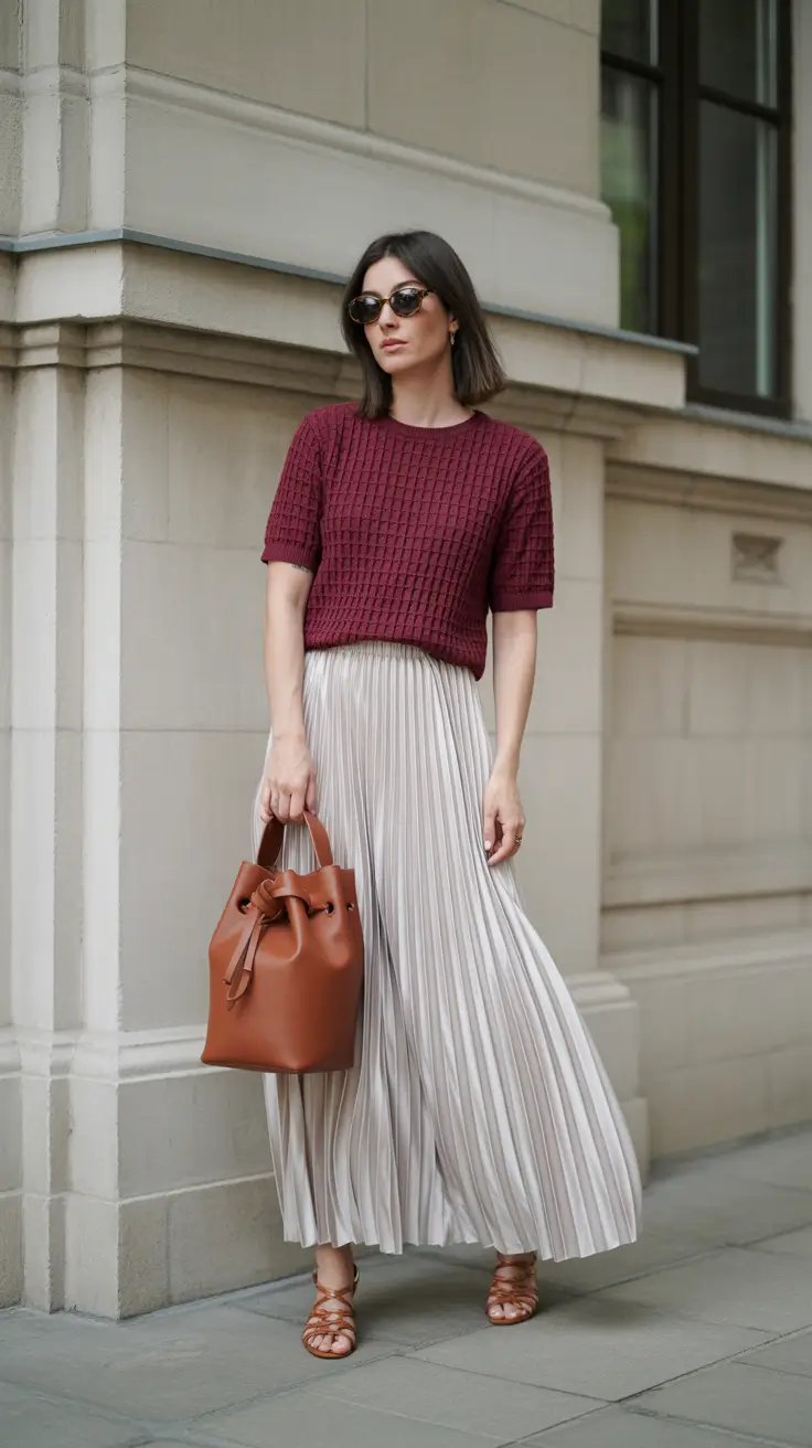 essential spring skirt outfits 2026 Pleated Neutrals with a Textured Top