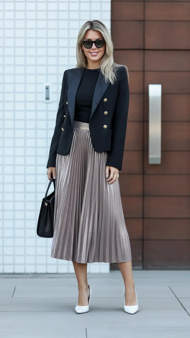 essential spring skirt outfits 2026 Tailored Blazer and Metallic Pleats