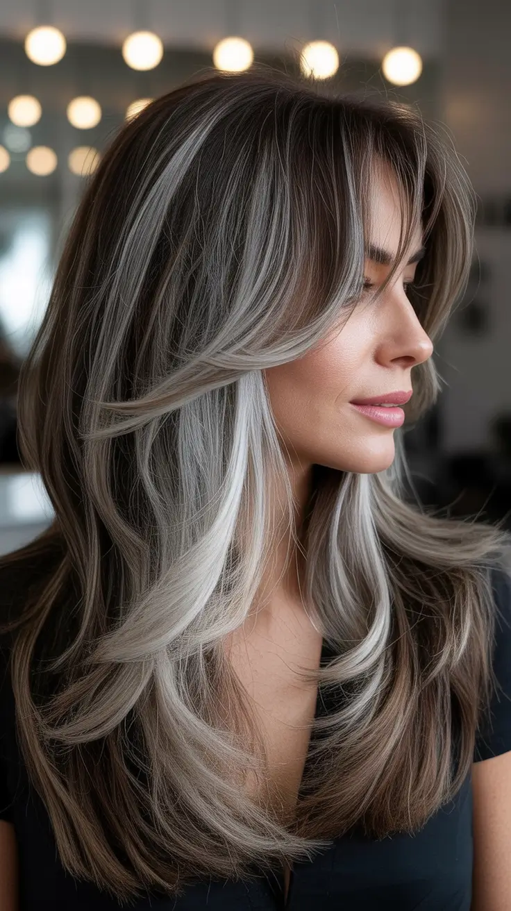 Hair Color Ideas February 2026 Cool Brunette with Silver