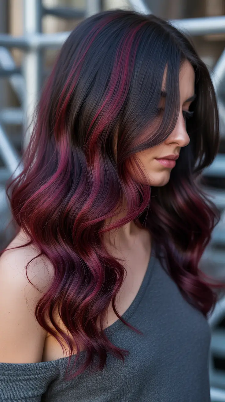 Hair Color Ideas February 2026 Brunette with Wine Highlights