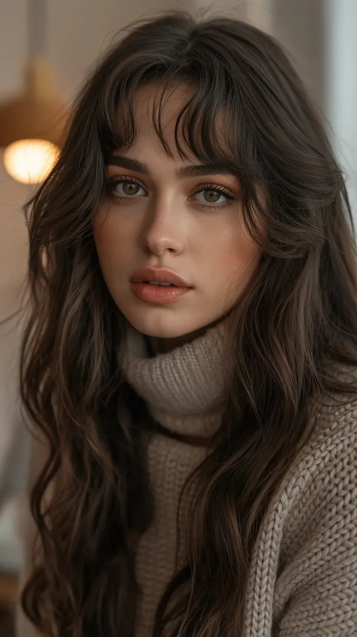 Hair Color Ideas February 2026 Warm Brunette with Soft Bangs