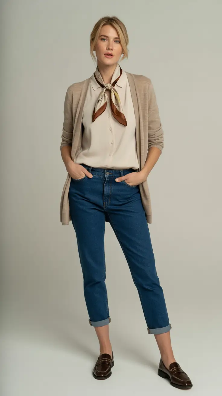 old money spring outfits women casual Soft Neutrals and Effortless Denim Balance