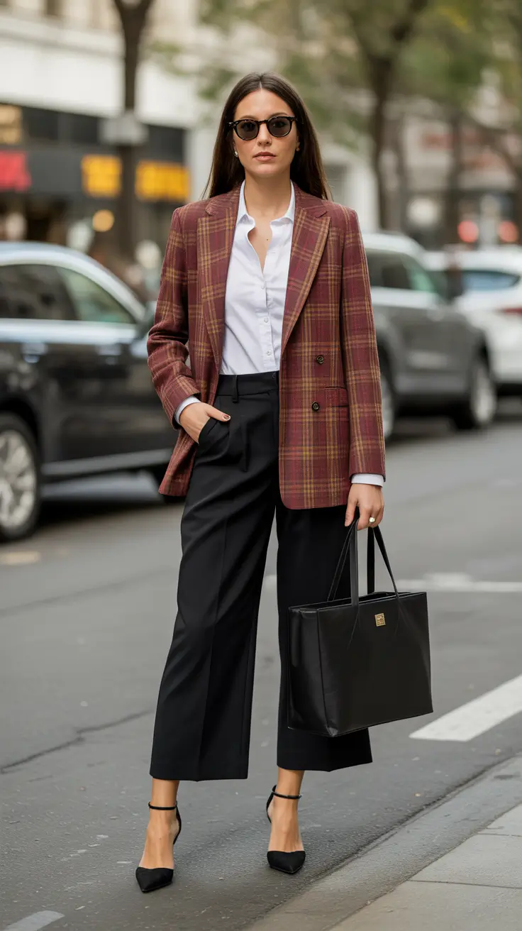 Spring blazer outfits Autumn Plaid Energy in a Spring Context