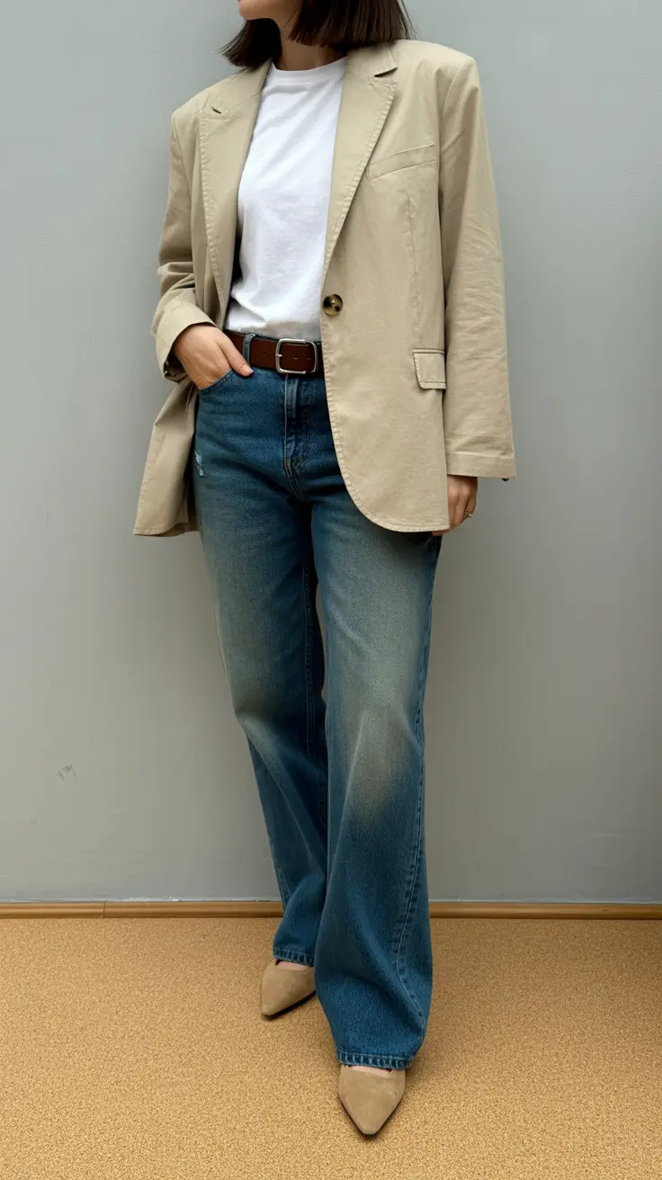 spring business casual outfits for women Classic Beige Blazer With Everyday Denim Ease