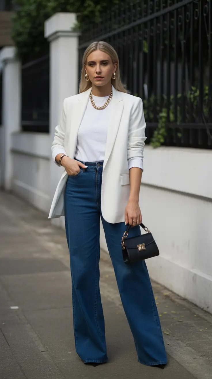 spring business casual outfits for women Clean White Layers With Denim That Works Overtime