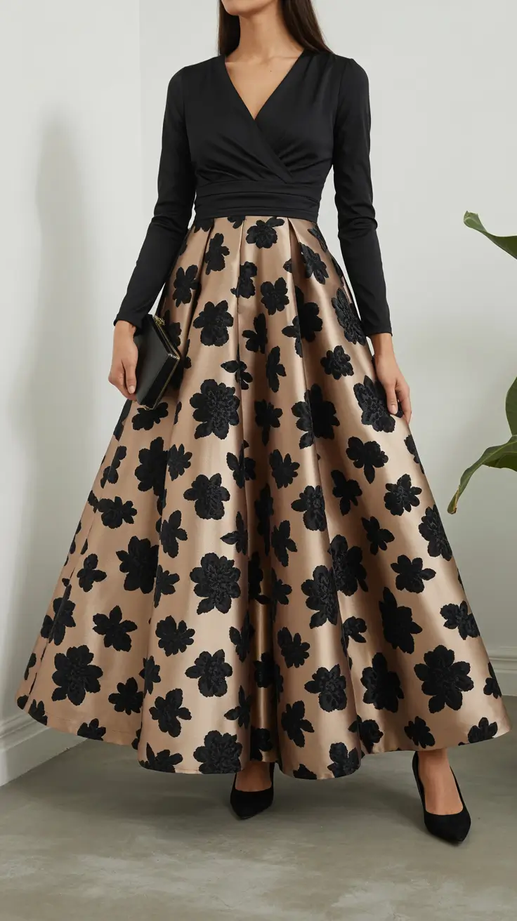 must-have spring wedding outfit 2026 Classic Black and Floral Drama for Evening Guests