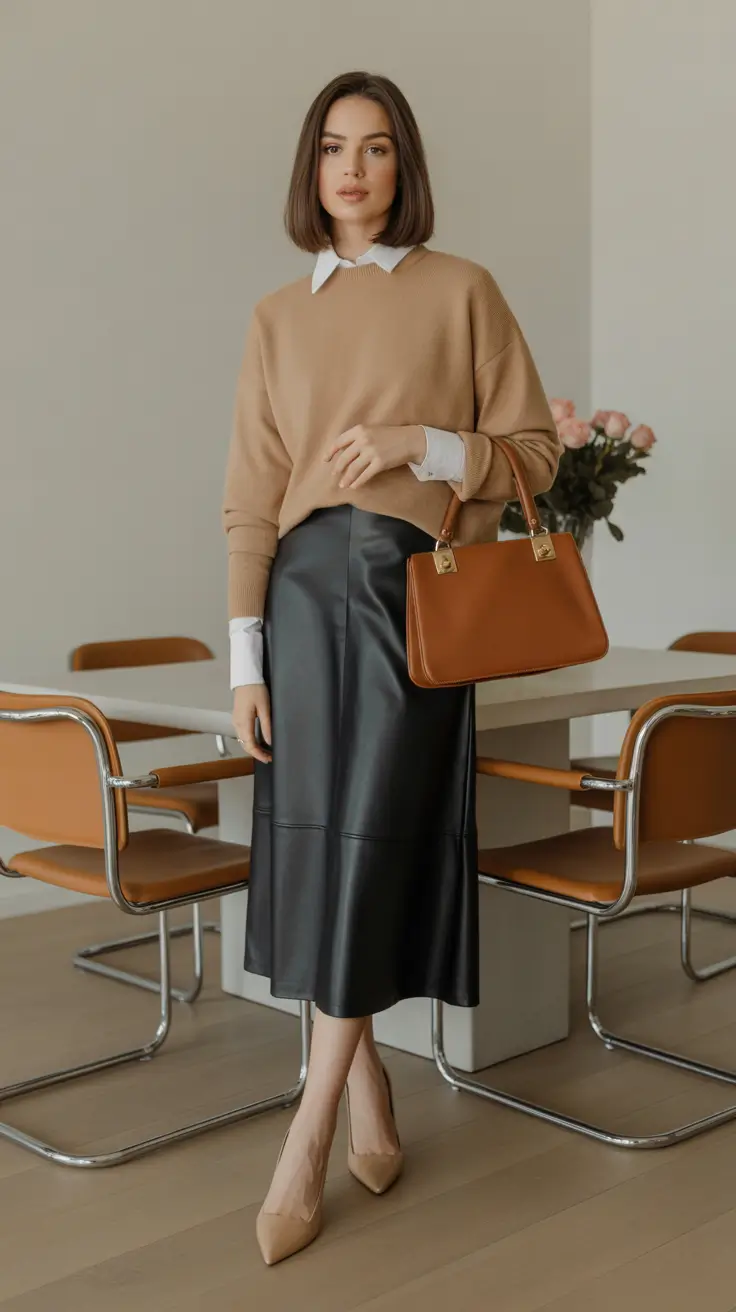 must-have spring workwear 2026 Leather Skirts Meet Soft Knit Layers