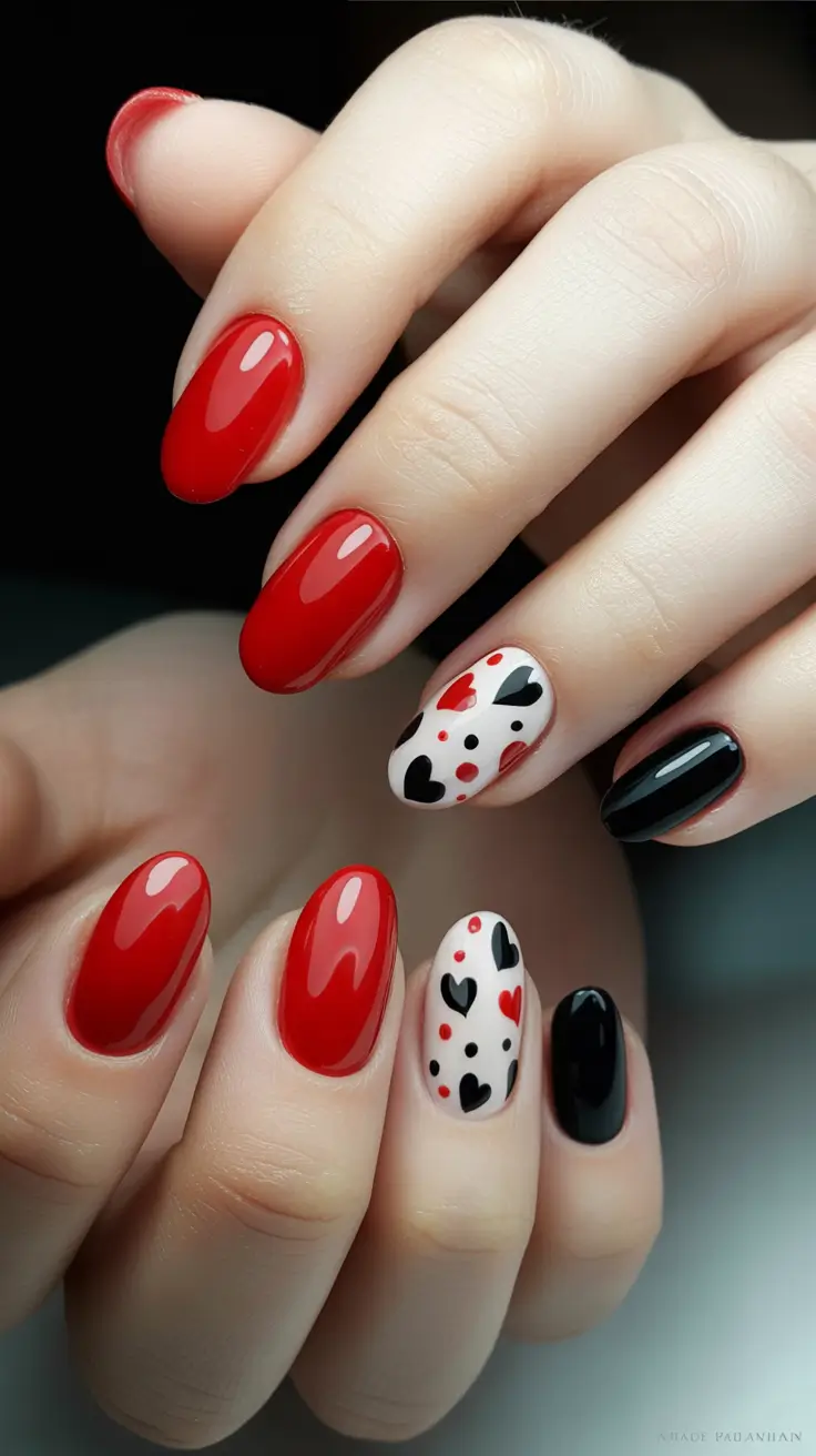 nails designs ideas February 2026 Valentines day art red black
