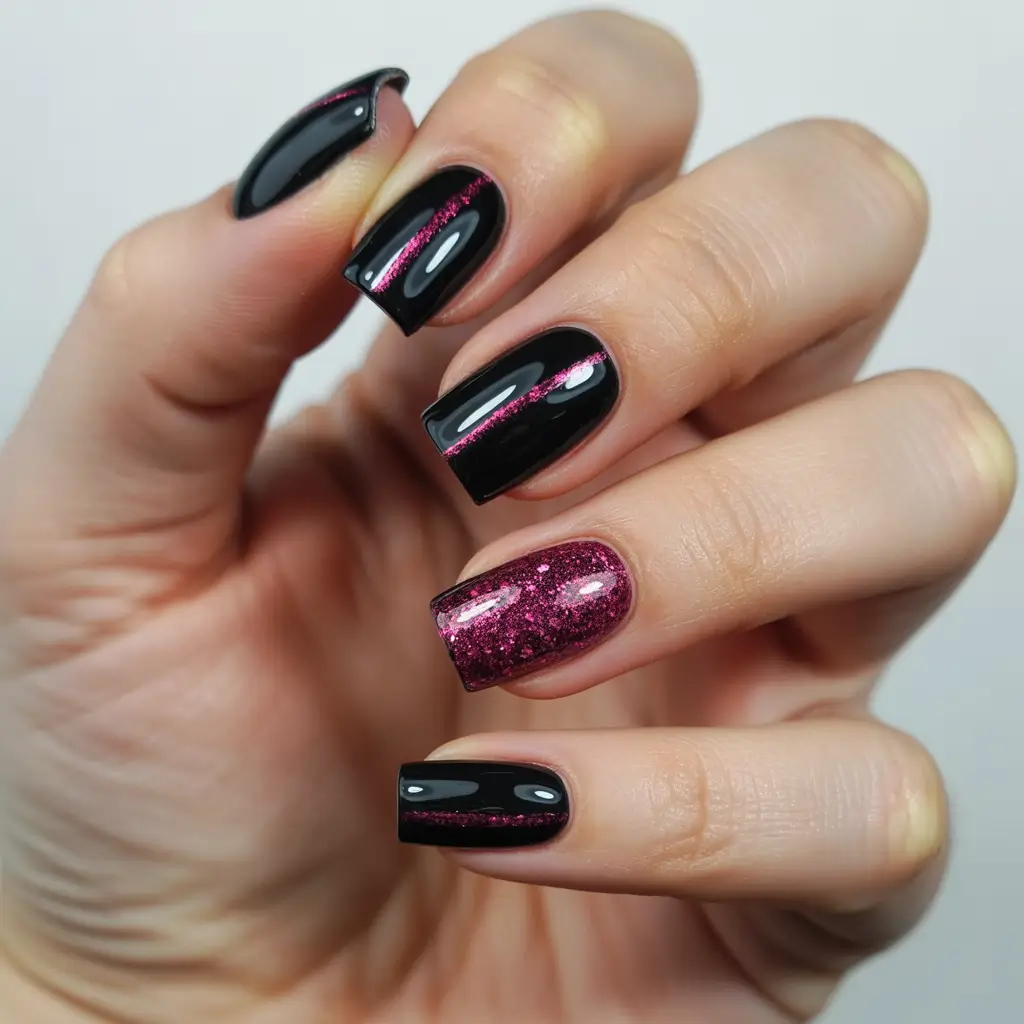 nails designs ideas February 2026 black glitter gel nails
