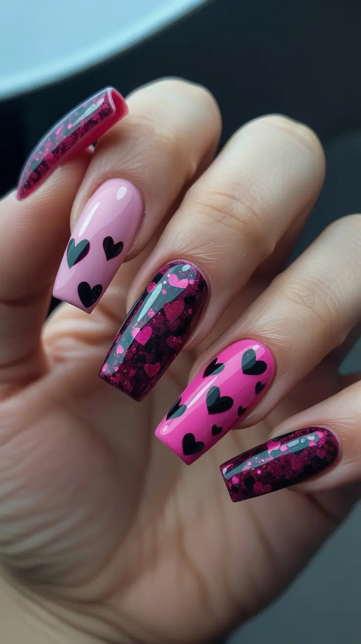 nails designs ideas February 2026 valentines day art pink black