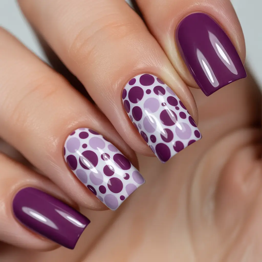 nails designs ideas February 2026 Purple Polka Dot Nails