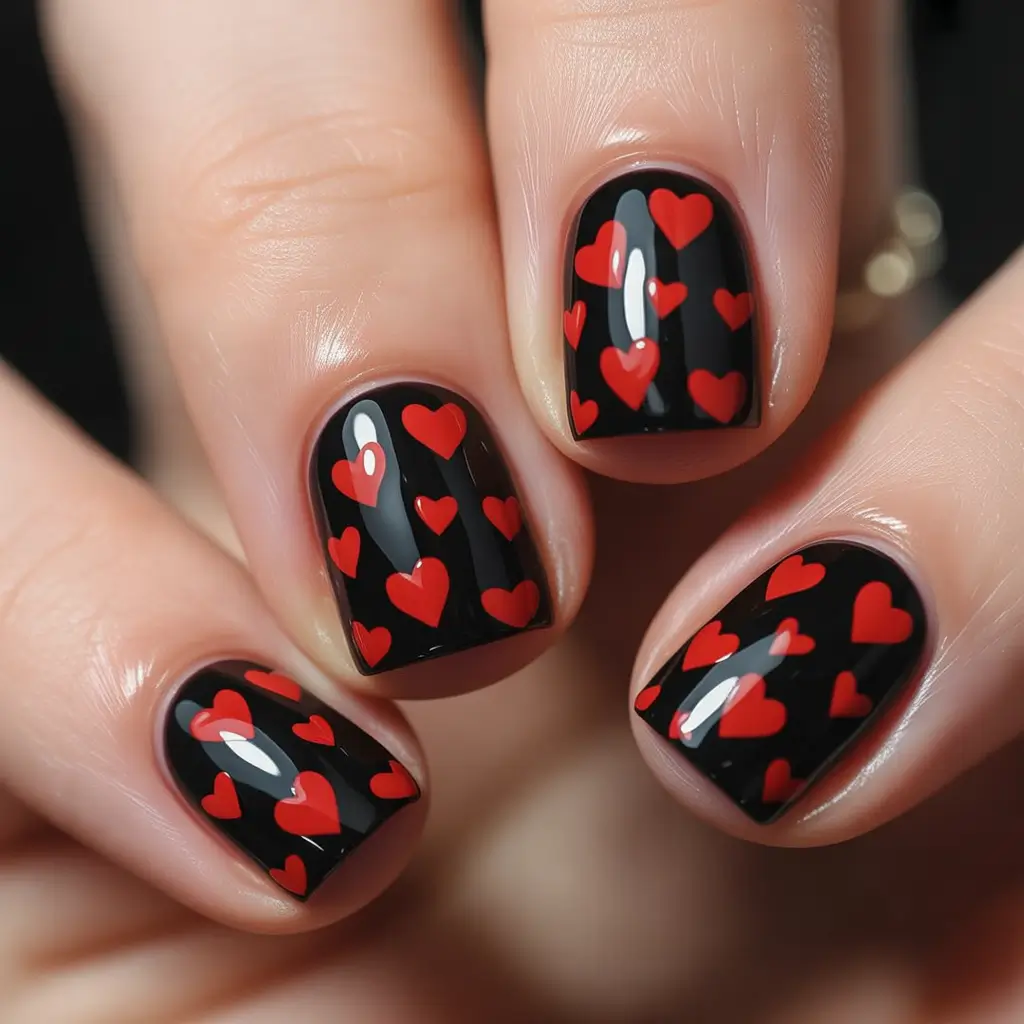 nails designs ideas February 2026 Black Red Heart Nail Art