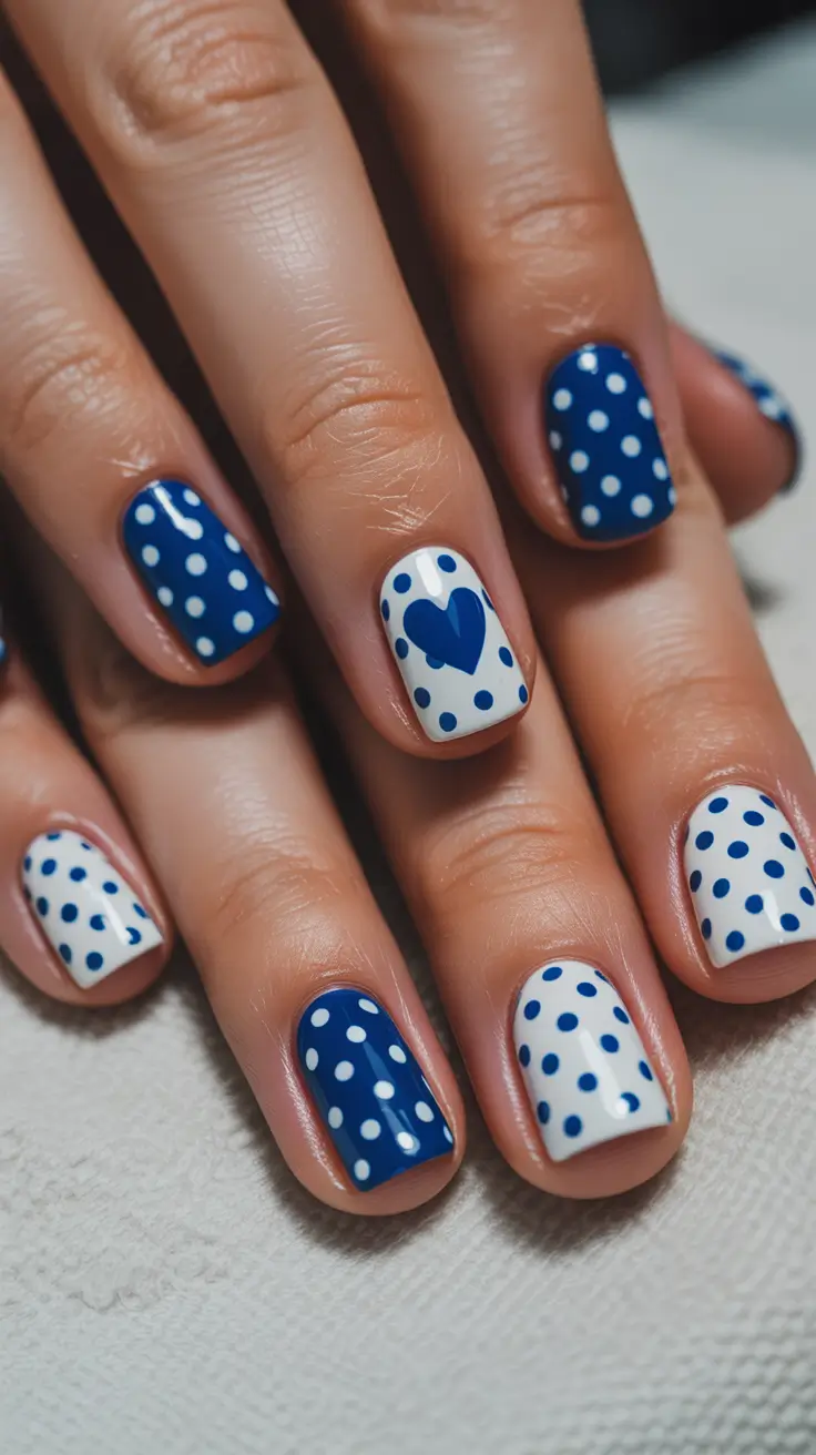 nails designs ideas February 2026 Blue Polka Dot Valentines Day Art
