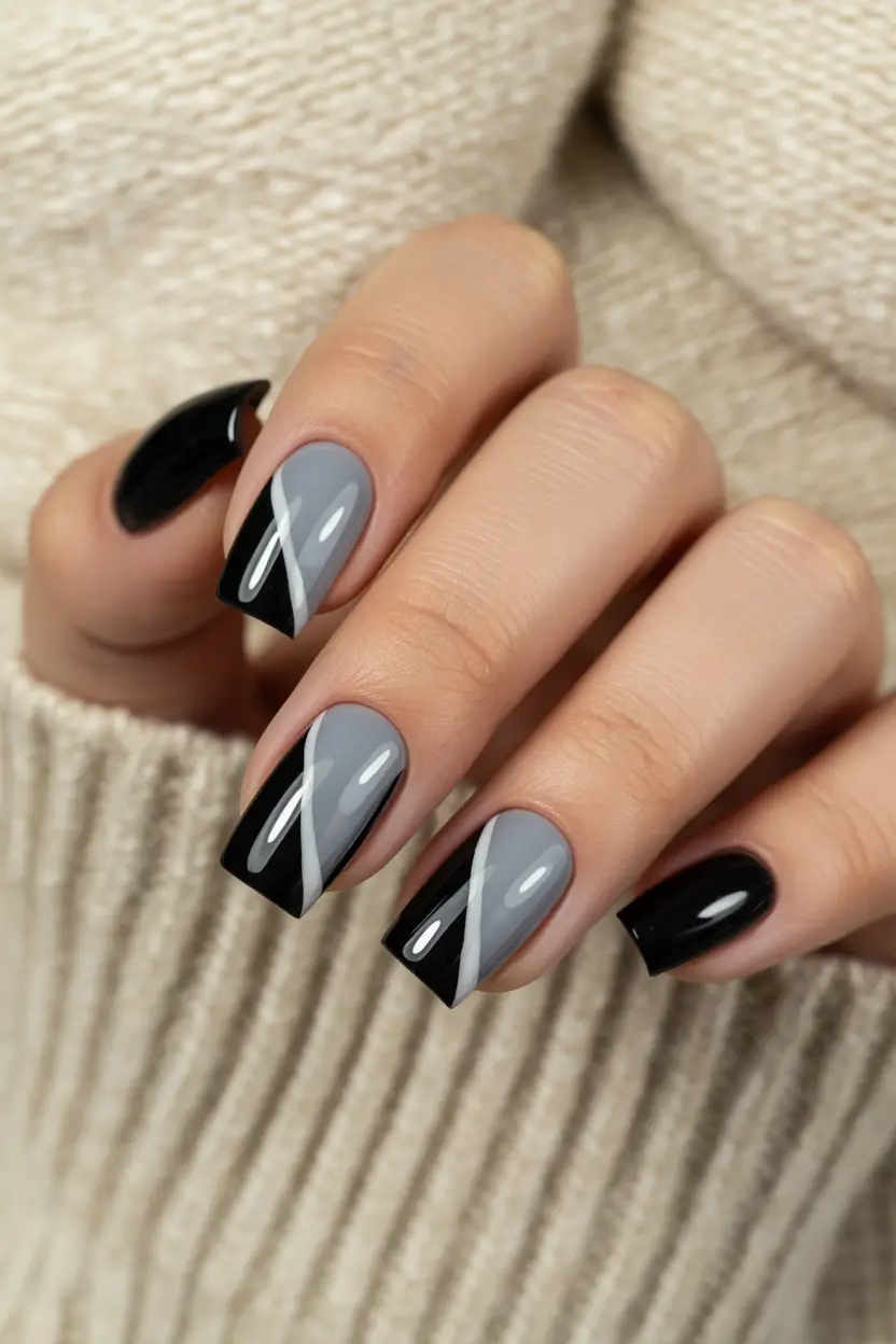 nails designs ideas February 2026 Black Gray French Tips
