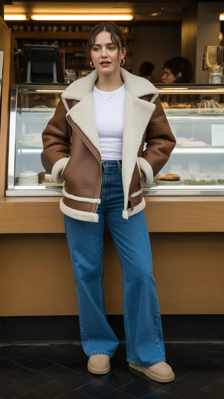 Outfits ideas February 2026 Shearling Layers and Wide Leg Denim