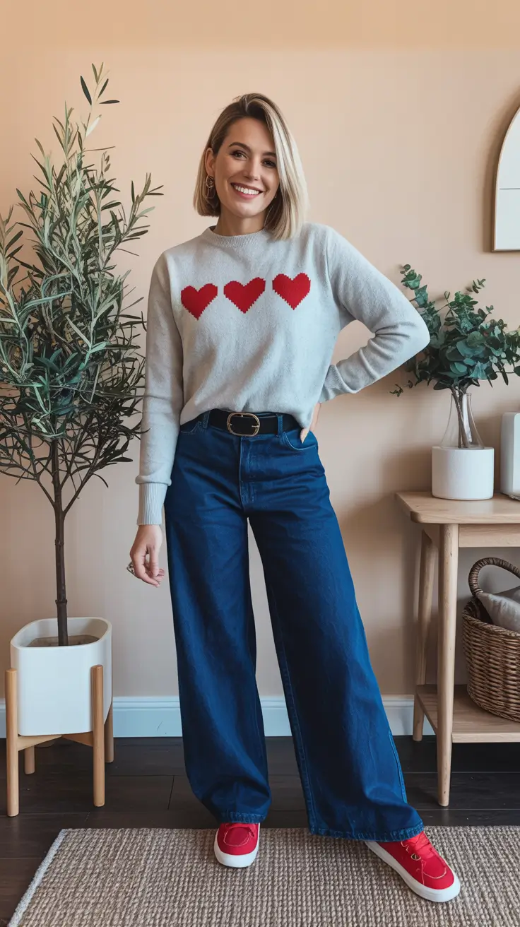 Outfits ideas February 2026 Heart Sweater Wide Leg Jeans