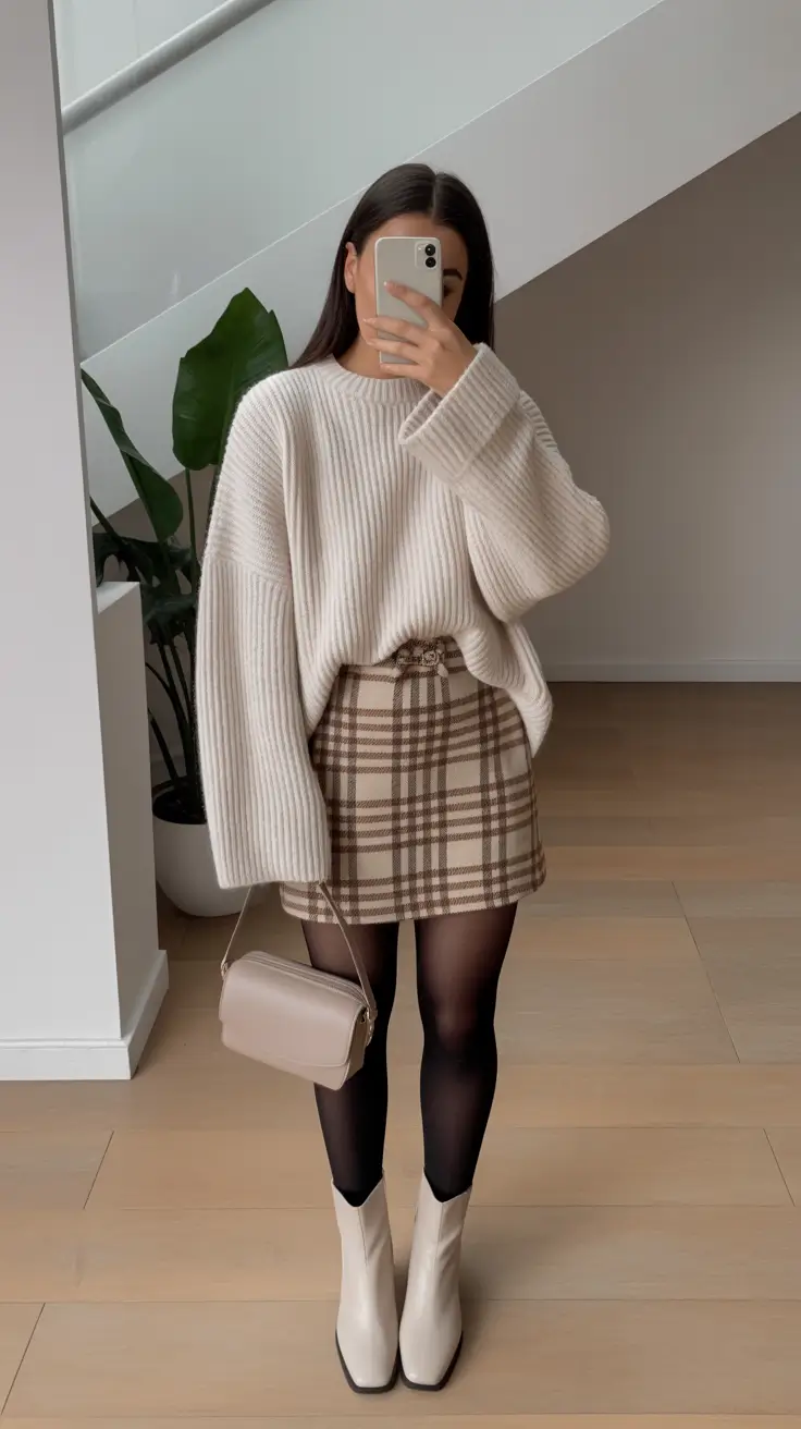 Outfits ideas February 2026 Knit and Plaid Mini Skirt